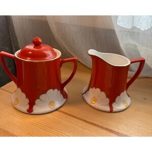 Anthropologie Grace Sugar & Creamer Set Red Floral Ceramic
